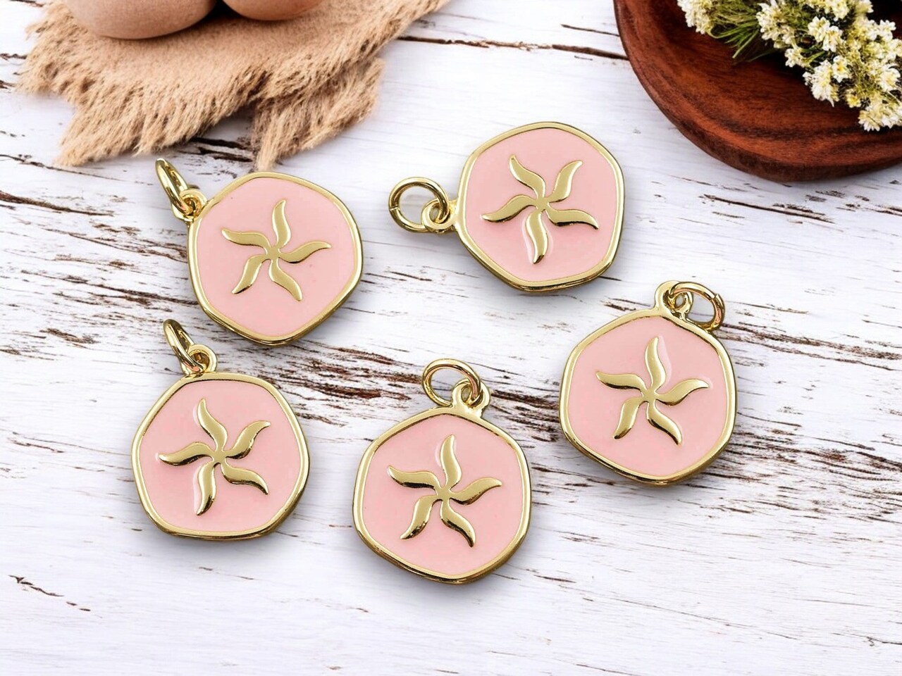 *5* 17x15mm 18k Gold Plated Brass w/Pink Enamel Starfish Charms